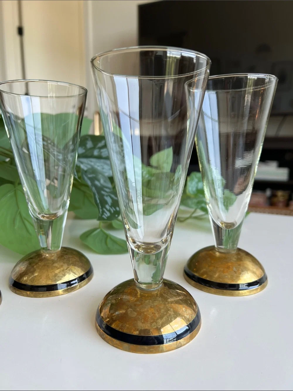 Pier 1 Handblown Glass Brass Cocktail Glasses Set of 4 Vintage
